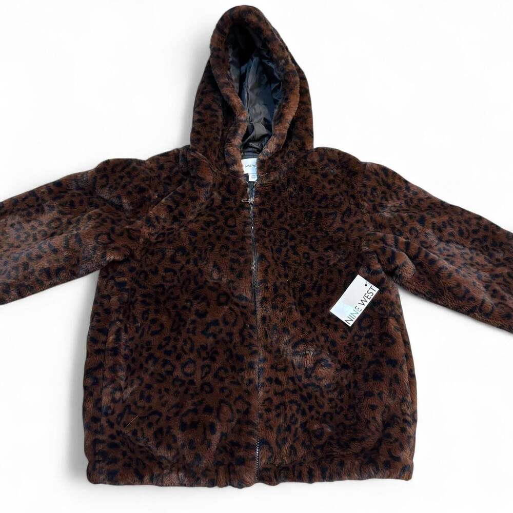 Nine West Leopard Print Faux Fur Hoodie Jacket Size Medium NWT